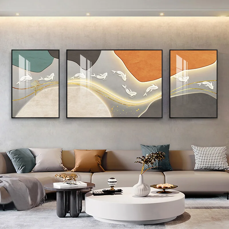 

Modern light luxury living room decoration atmosphere lighting nine fish picture triptych sofa background wall hanging simple