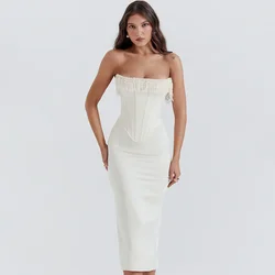 Sladuo Women Sexy Strapless Cream Embellished Pearls And Beads Corset Dress Sleeveless Chritmas Evening Party Cocktail Midi Dres