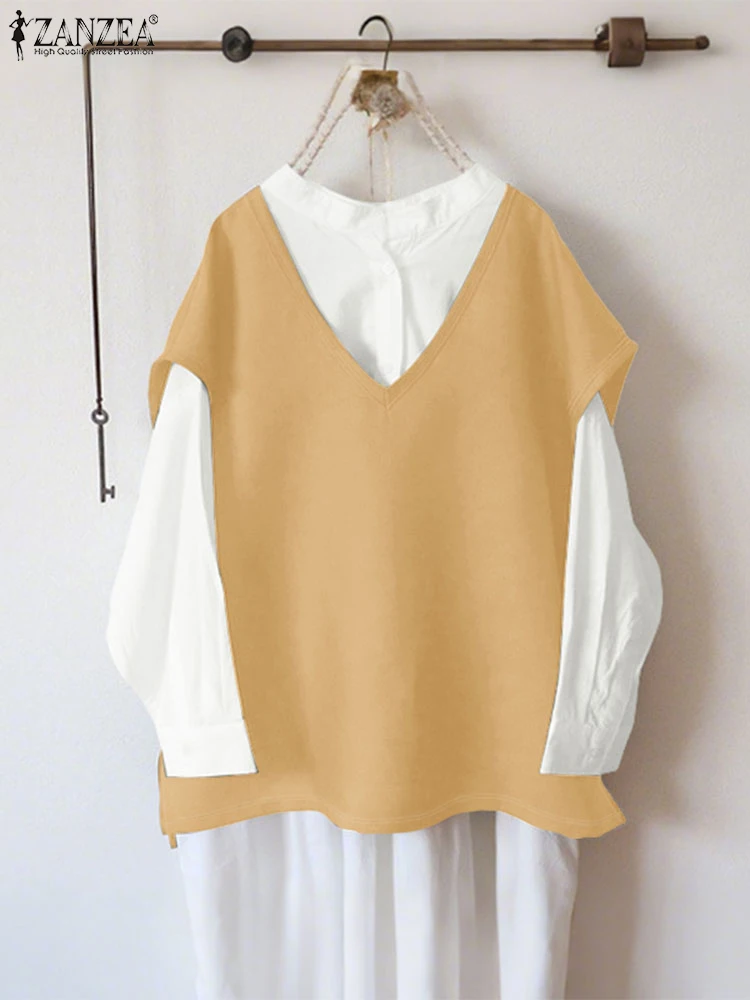 

ZANZEA Autumn Blouses Women Long Sleeve Tops Casual Loose Knited Blusas 2025 Fashion O Neck Patchwork Tunics Fake 2pcs