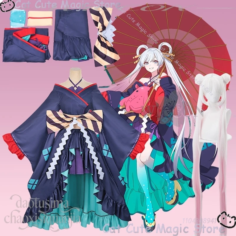Tsukimi Yachiyo تأثيري الأميرة Kaguya ثوب الكيمونو الياباني أزرق داكن أرجواني فستان أبيض وردي متدرج ذيل حصان نافيداد كرنفال #1