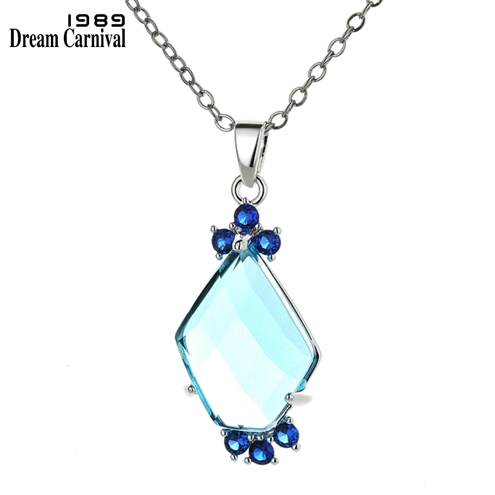 DreamCarnival1989 Delicate Aquamarine Pendant Necklace Women Pentagonal Zircon Wedding Party Sweater Jewellery Blue Tone WP7027