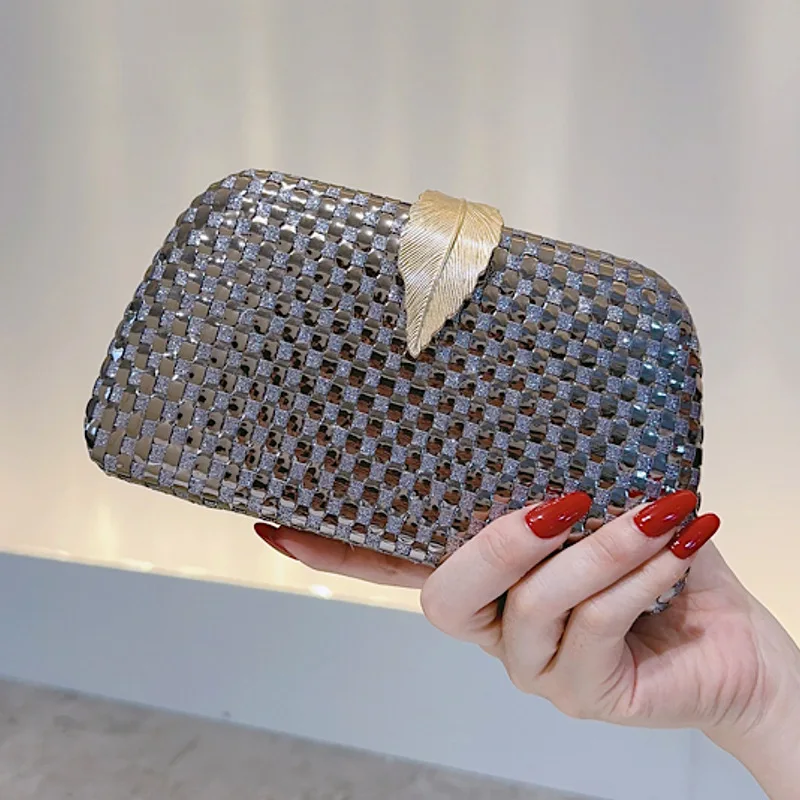 

Metallic Leaf Woven Box Clutch Elegant Princess Evening Bag for Wedding Banquet Women's Embroidered Handbag Party Purse