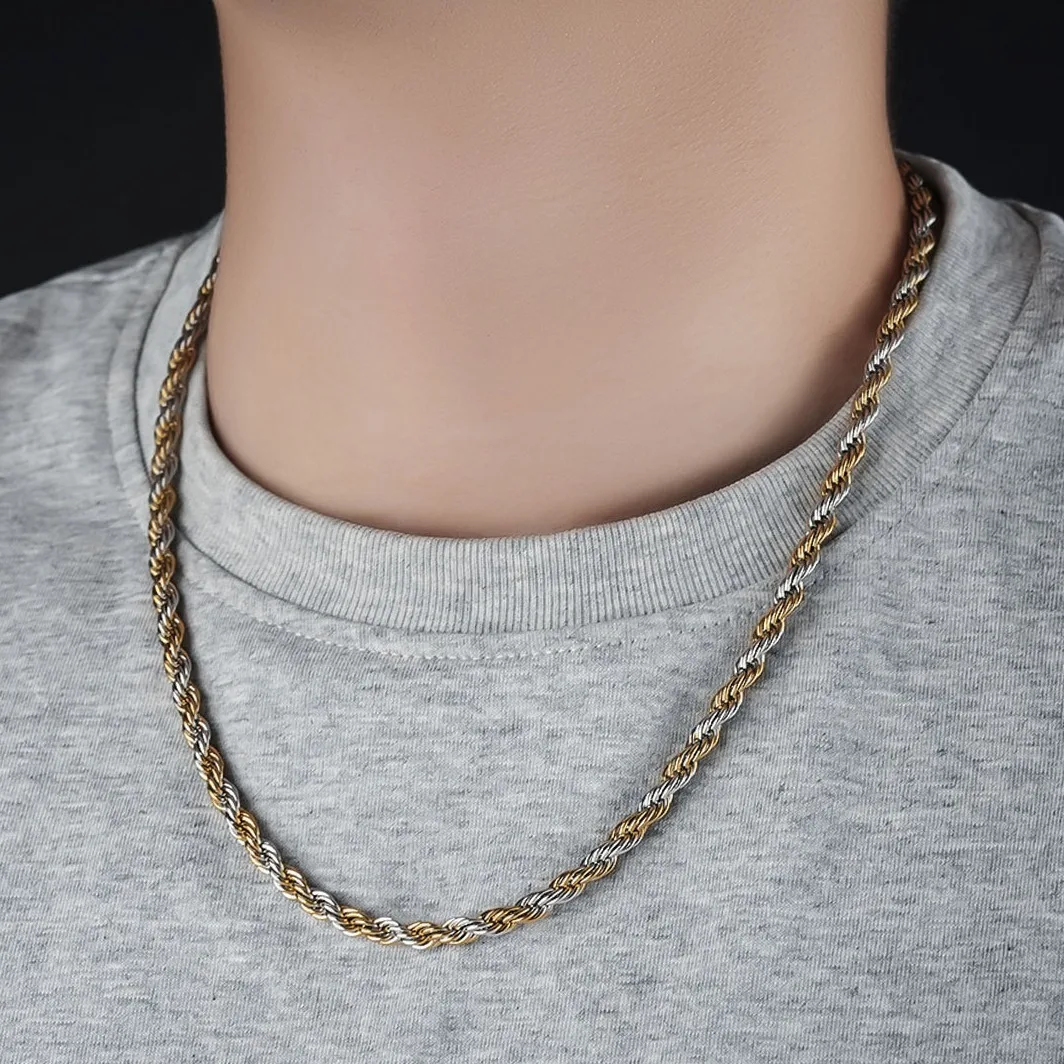 

Men's 3MM Two Tone Rope Chain Hip Hop Stainless Steel Necklace Rapper Jewelry Accessory
