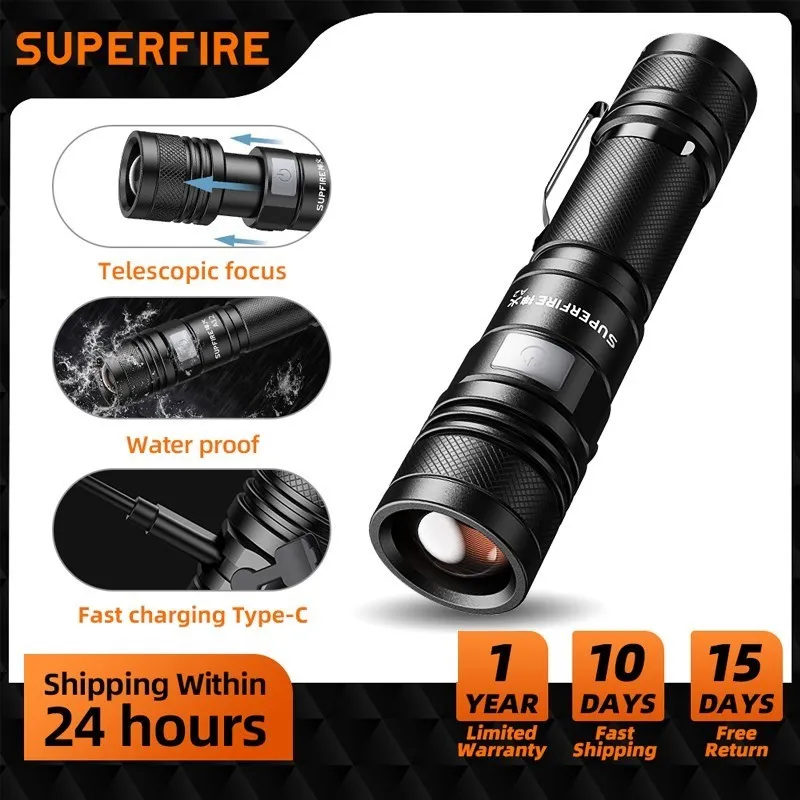 Ultra Bright LED Flashlight With LED Hand Lamp Beads Torch Zoom Full Power Waterproof Flashlights USB Type C Lantern for Camping