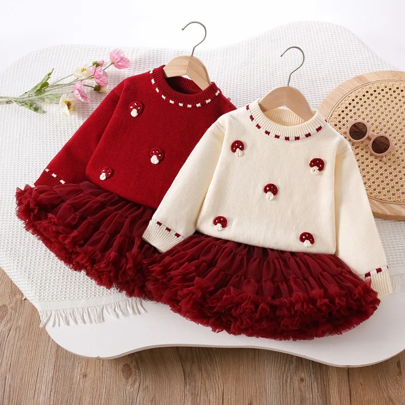 

New Autumn/Winter Cute Fashionable Girls' Knit Set, Toddler Pullover & Tulle Midi Skirt Two-Piece, Soft Warm Princess Outfit
