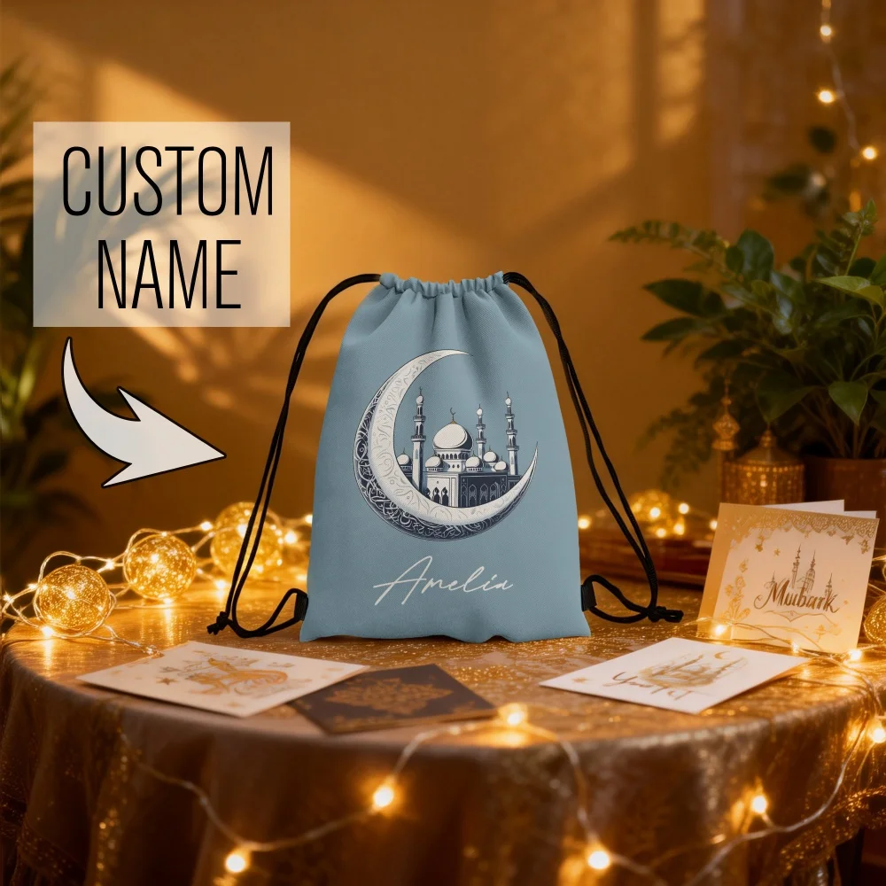 Custom Printed Ramadan Crescent Mosque Drawstring Backpack Personalized Name Muslim Eid Print Festival Sackpack