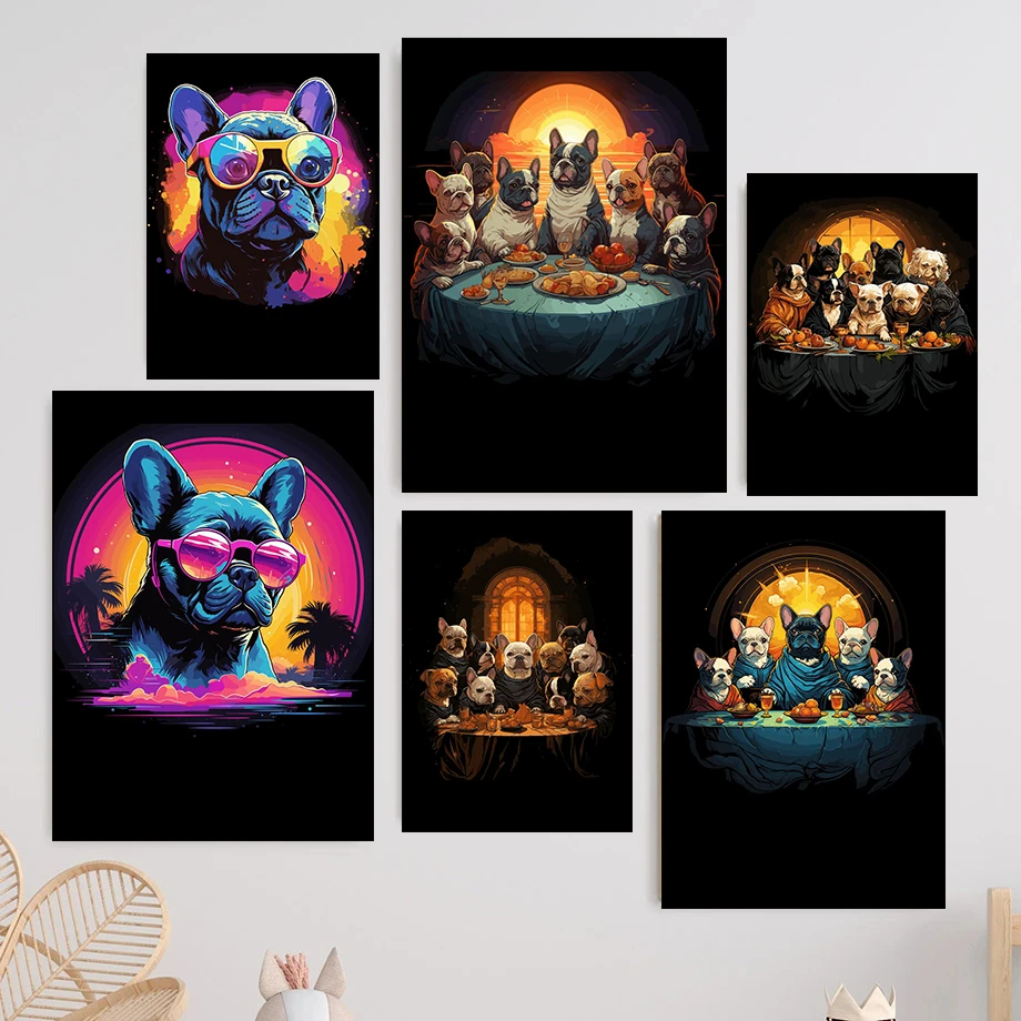 The Last Supper Bulldogs Canvas Painting Synthwave French Bulldog Animal Poster and Print for Living Room Home Decor Cuadros