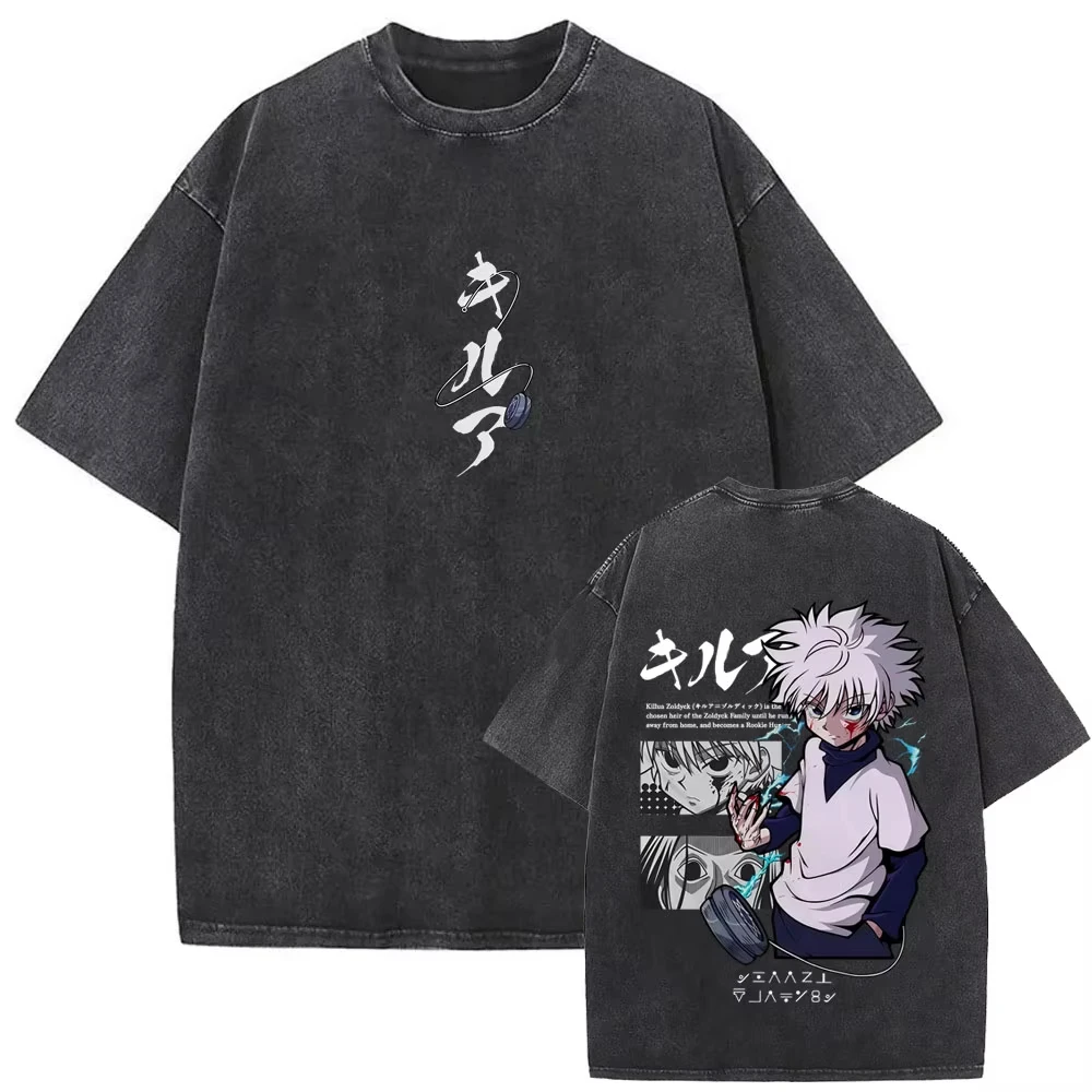 Vintage Anime Hunter X Hunter Hisoka Graphic Washed T‑shirt Unisex Streetwear Fashion Pure Cotton Short Sleeve Casual Tops