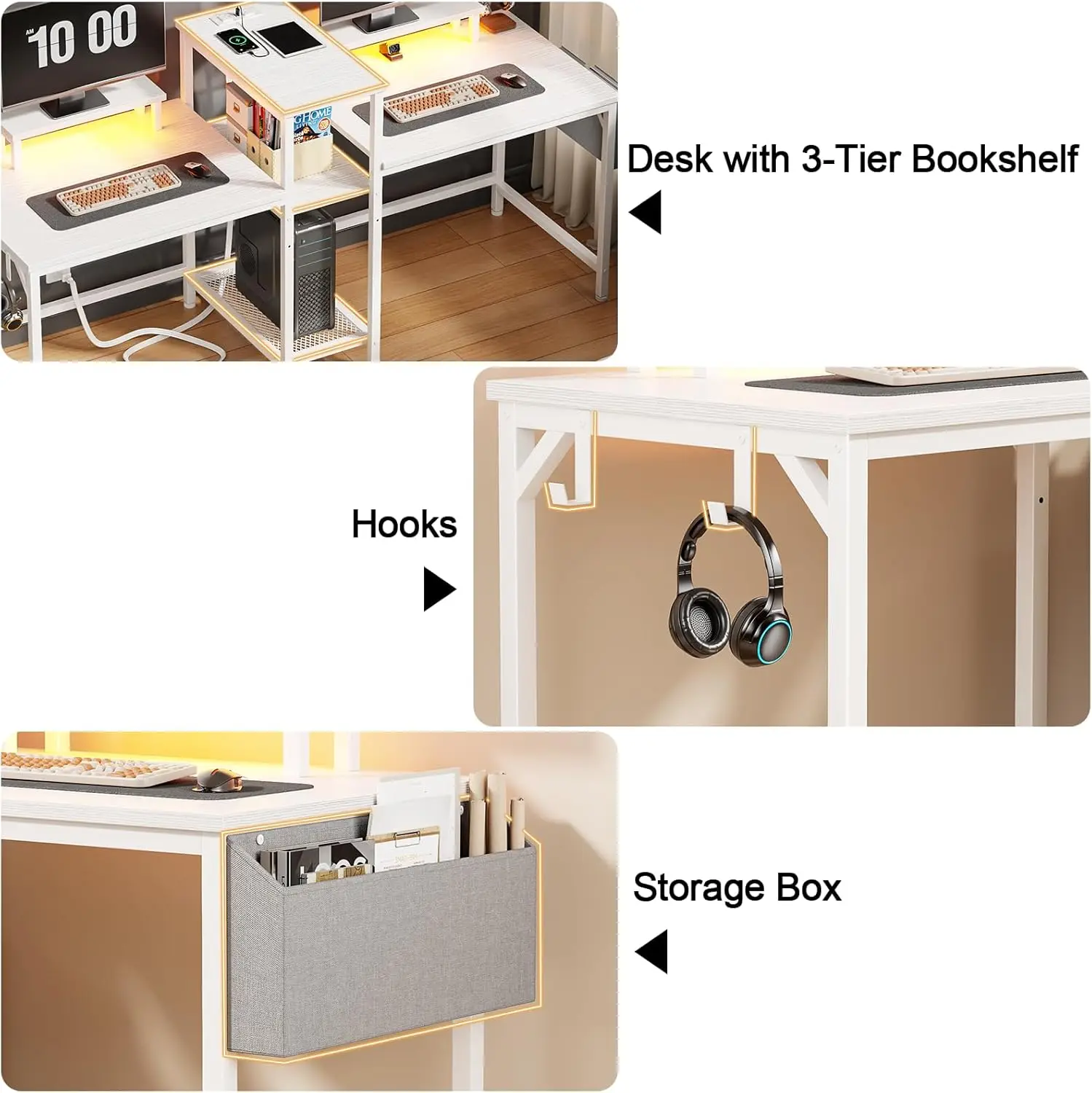 2 Person Gaming Desk with LED Lights, 71 Inch Computer Desk with Power Outlets and Monitor Stand, Double Desk with Storage Bag a