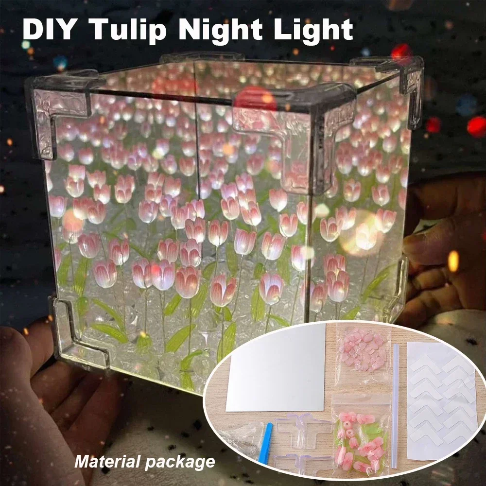 DIY Tulip Night Light Luminous Ornament Mirrors Simulation Flower Light INS Decor LED Table Lights Desktop Mirror Light Gifts