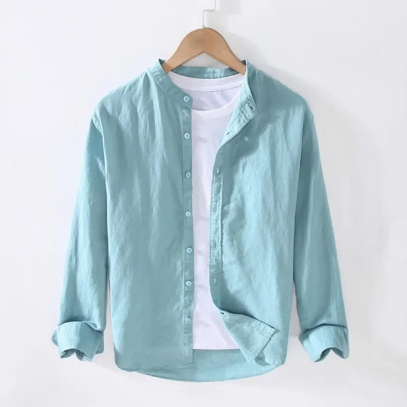 

Летняя хлопково-льняная рубашка в стиле Харадзюку для мужчин, повседневная синяя рубашка с длинным рукавом, мужская рубашка с воротником-стойкой, дышащая, простая одежда