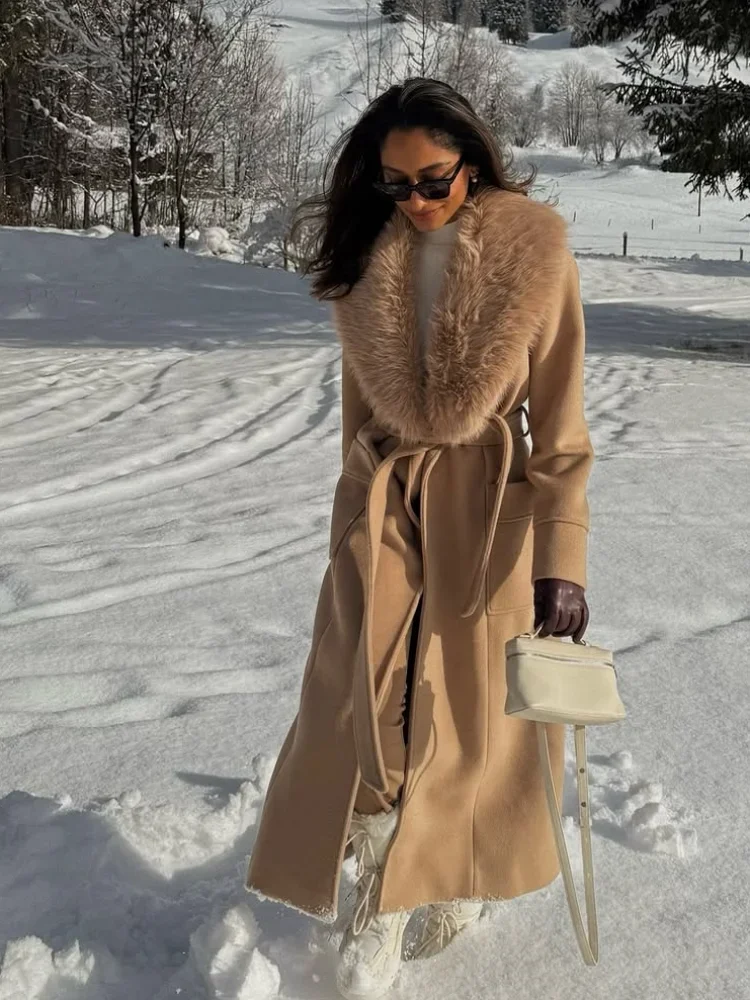 

Fashion Fur Collar Woolen Overcoat Women Elegant Long Sleeve Single Button Lace Up Pocket Coat Autumn Lady Commuting Outerwears