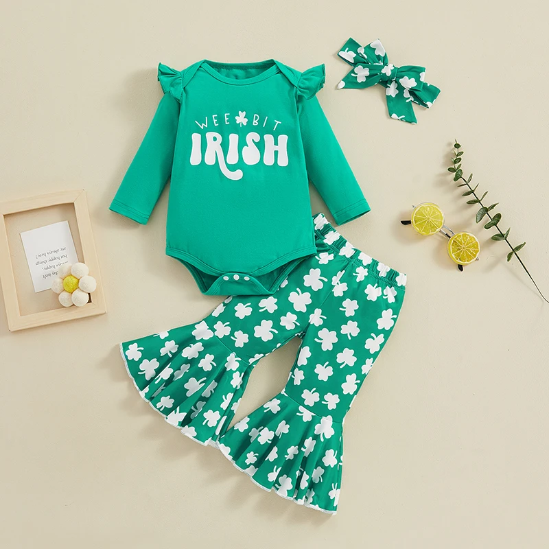 

Infant Baby Girl Irish Festivals Outfits Letter Print Long Sleeve Romper with Shamrock Flare Pants and Headband Set