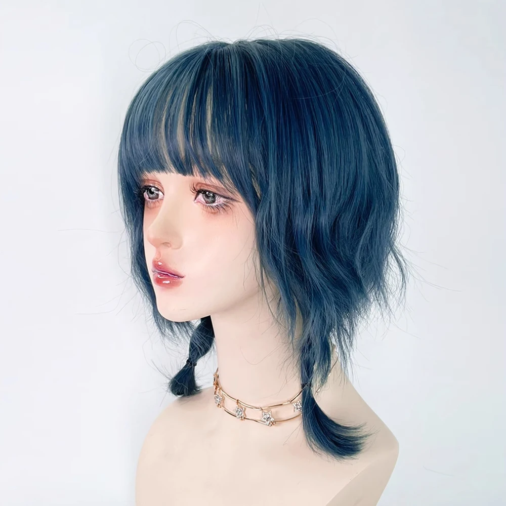 Blue Mullet Head Synthetic Short Wavy Wig with Bangs Heat Resistant Fluffy Lolita Cosplay Wig for Daily Party