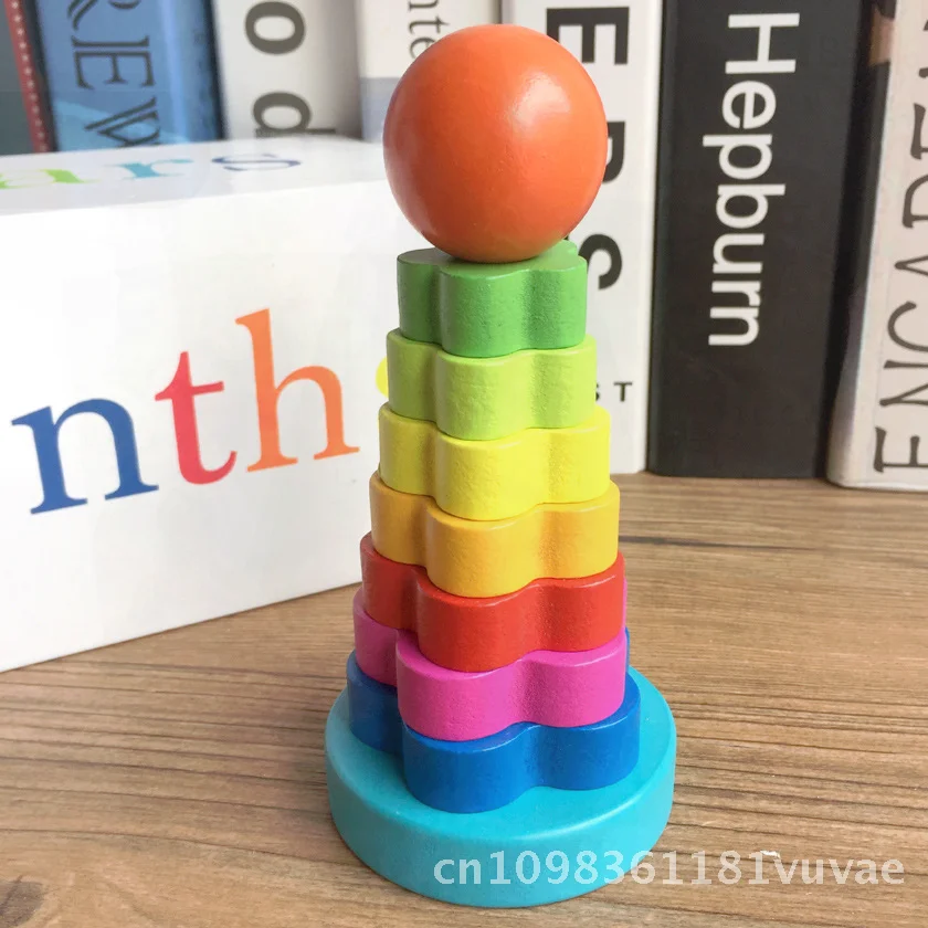 Baby-Holz-Regenbogen-Stapelturm, Musikspielzeug für Kinder im Alter von 0–2 Jahren, bunter pädagogischer mehrschichtiger Ring für die frühe Entwicklung