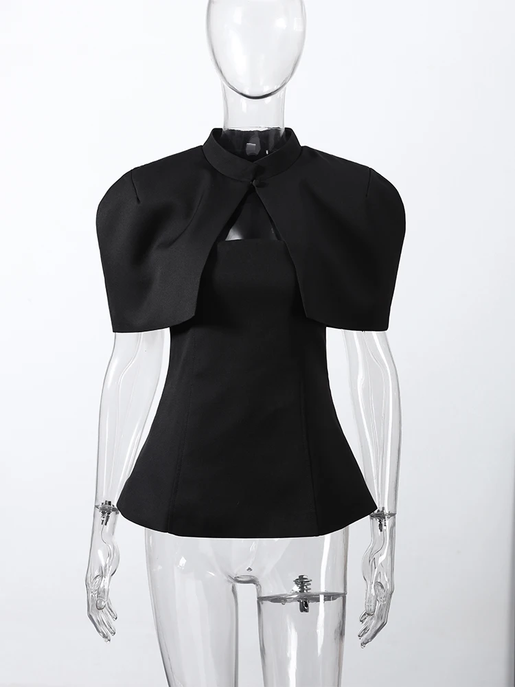Halbrollkragen-Cape-Tube-Top-Anzüge für Damen, elegantes, kurzärmliges, schulterfreies Oberteil mit Taillenbetonung, schickes Büro-Outfit, Clubwear, Neu – Detail 10