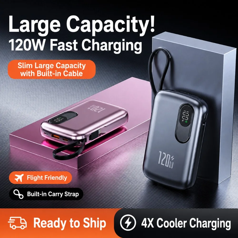 New 20000mAh Large Capacity Mini Compact Power Bank Outdoor 120W Super Fast Charging Built-in Cable Mobile Power Supply