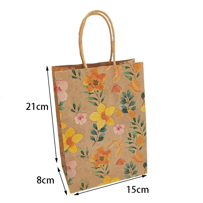 12/24Pcs Kraft Paper Flower Gift Bags With Handle Wrapping Wedding Favor Portable Packaging Shopping Bag Birthday Party Supplies