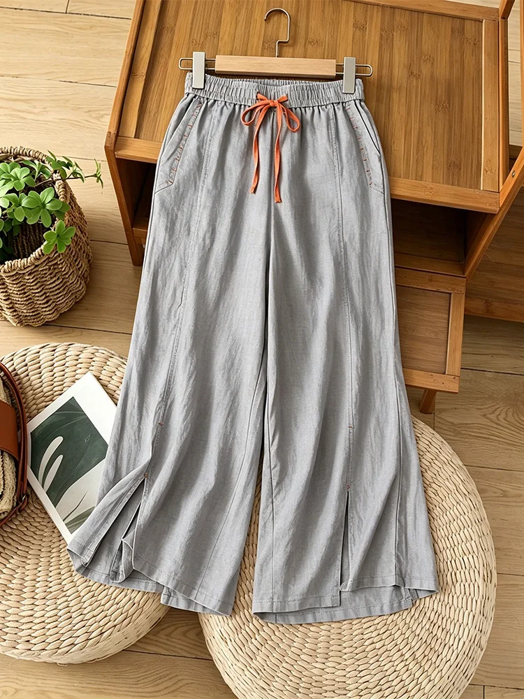 

Summer 2026 Casual Cotton Linen Wide Leg Loose Trousers Artistic Women's plus Size Pants Nine Points Linen Trousers