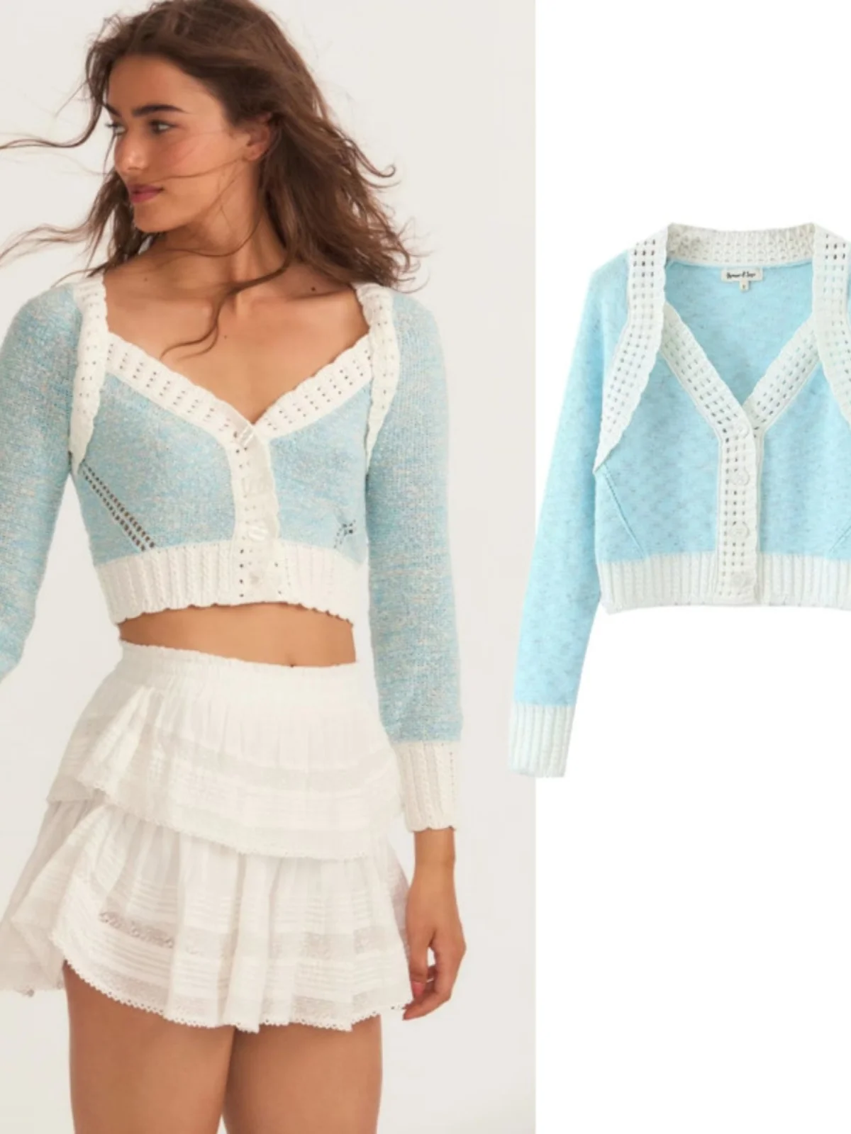 

Love Hollow out Splice V-Neck Water Blue Single Button Slim Long Sleeve Knitted Open Cardigan Street Style Short Length Body ...