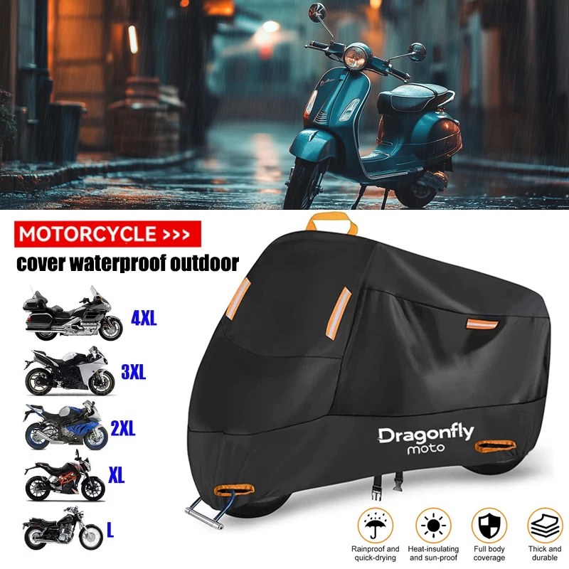 

Outdoor Motorcycle Tarpaulin 210D Thickened Polyester Waterproof UV Protective Cover for Bikes with 4 Reflective Elements
