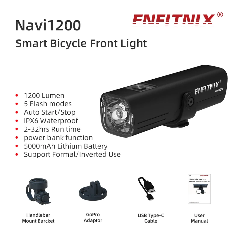 Enfitnix Navi1200 Smart Bicycle Front Light 1200Lumen USB Rechargeable Super Bright Flashlight for Cycling Front Light 1200lm