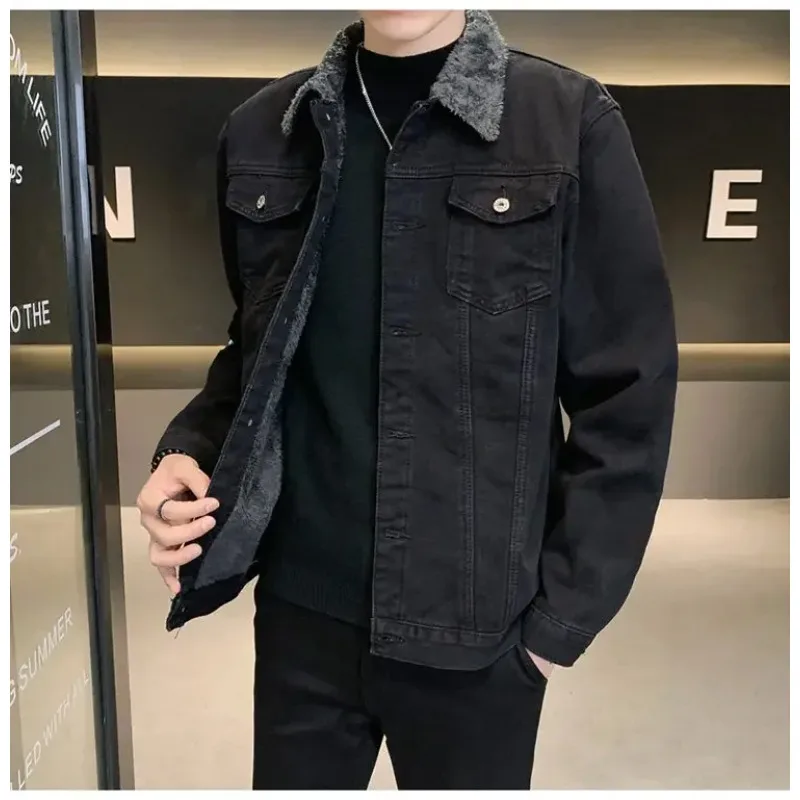 

New Men Thick Coat Denim Coats Lamb Wool Jackets Turn Down Collar Full Sleeve Single Breasted Regular Casual Jacket Autumn Male