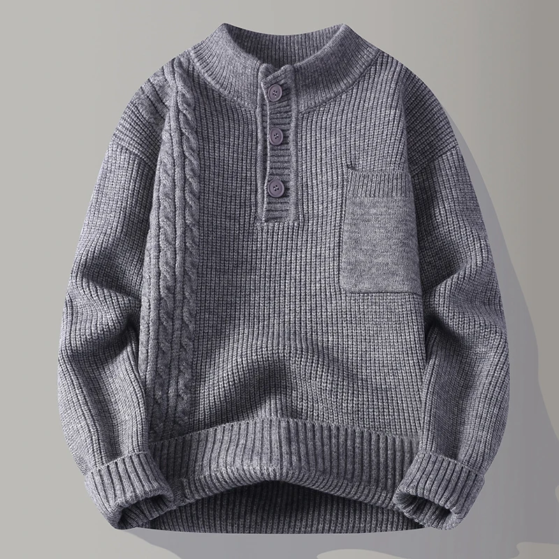 Men's Designer Original Cable Knit Henley Sweater Mock Neck Chest Pocket Soft Warm Thick Pullover for Autumn Winter Men's Wear