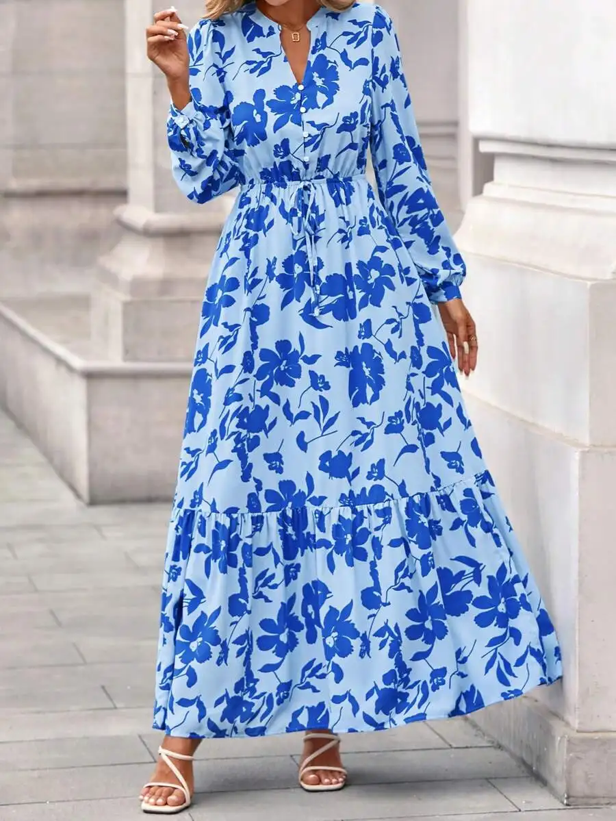 

Blue Floral Print Maxi Dress with V-Neck, Long Sleeves, Button Front & Tiered Skirt
