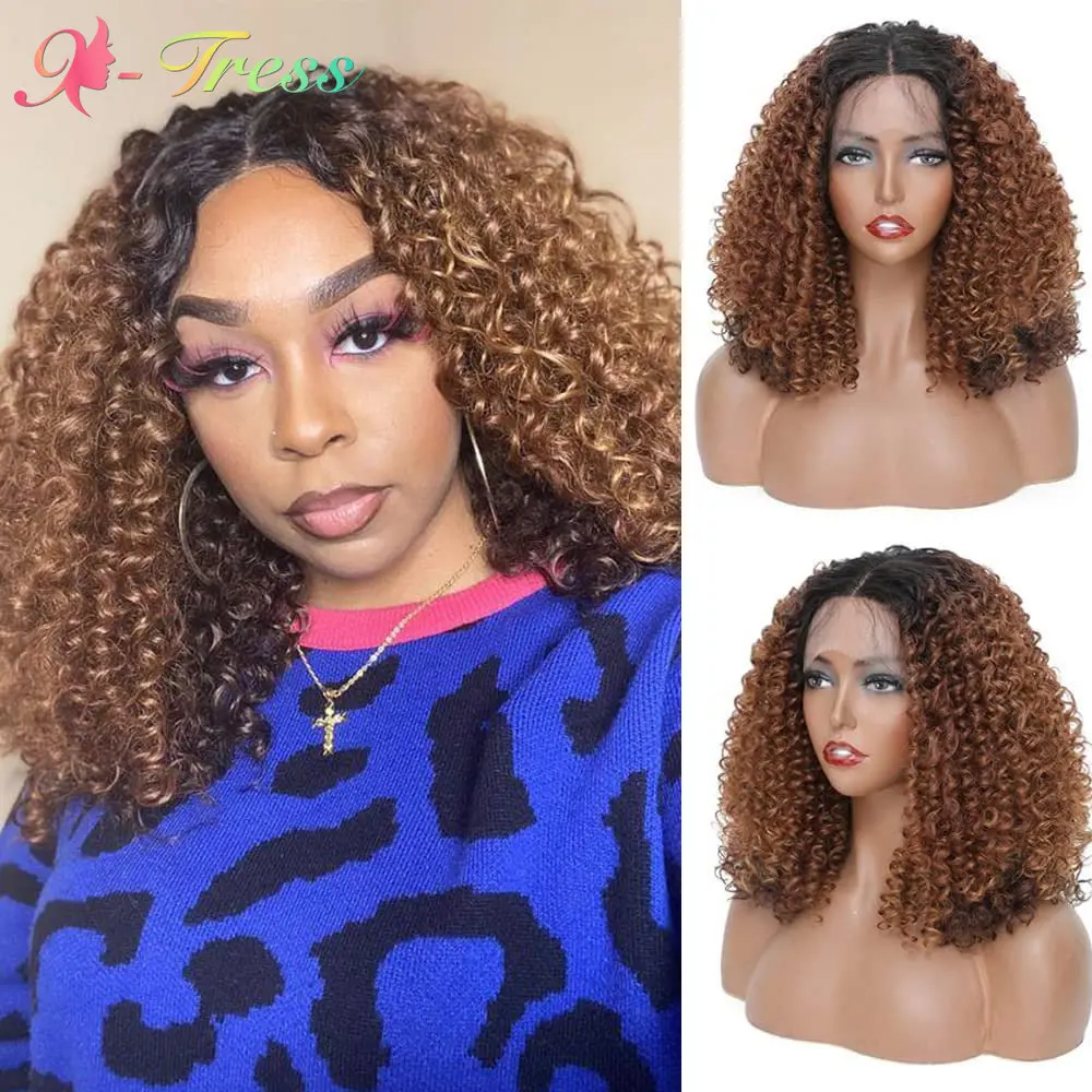 X-TRESS Ombre Brown Kinky Curly Lace Front Wigs Synthetic Wig With Baby Hair 18 Inch Middle Part Daily Lace Wigs for Black Women