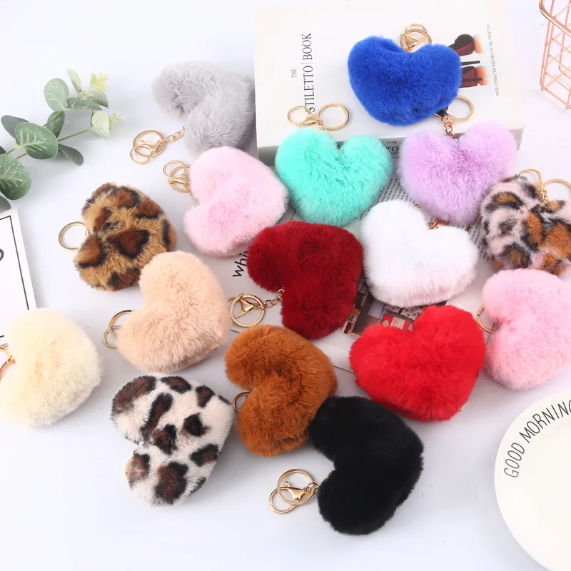 

Fashion Cute Keychains Fake Rabbit Fur Heart Pompom Key Chains Rings Women Girl Bag Cars Charm Fluffy Keyring Jewelry Gifts