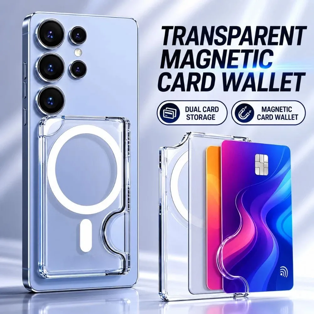 Transparent For MagSafe Card Sleeve 2 Card Slots Shockproof Magnetic Stand Card Holder Detachable Ultra-thin for iPhone, Samsung