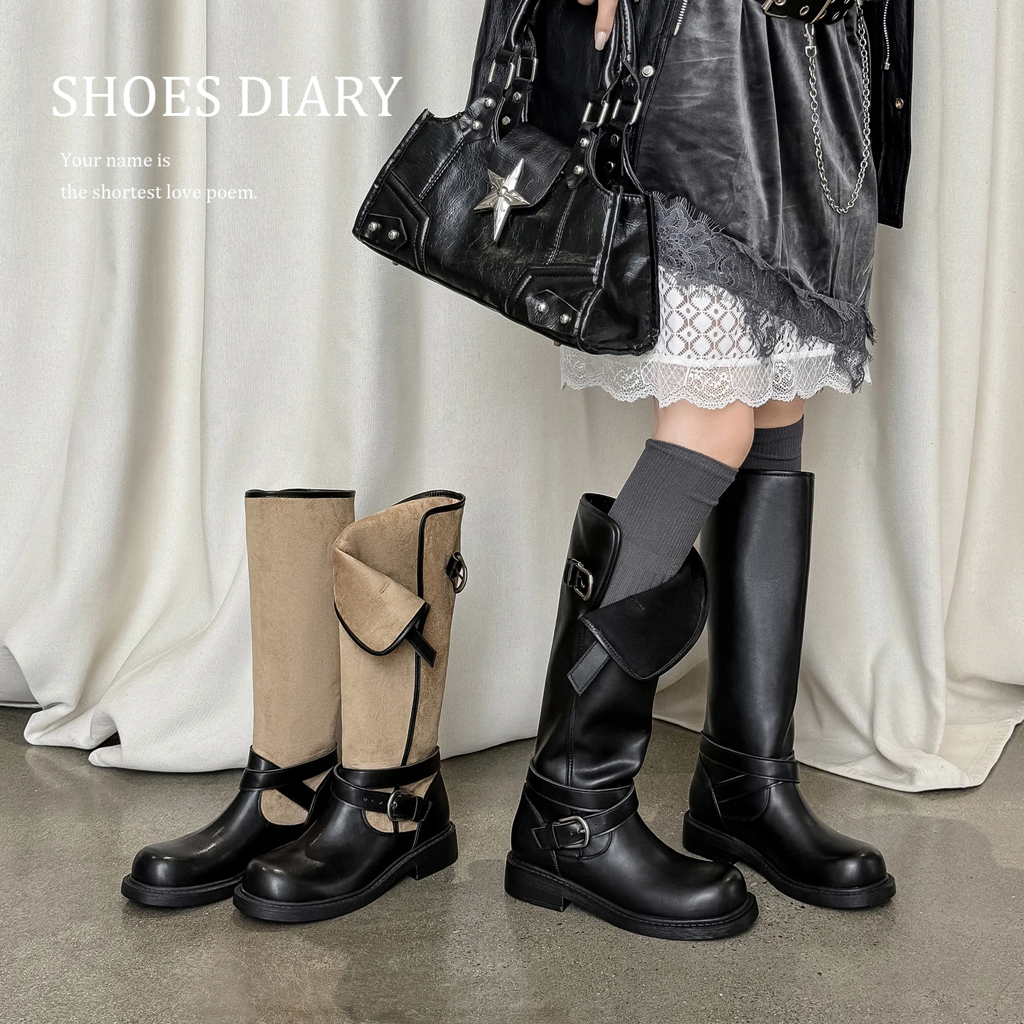 2026 new autumn winter women knee-high boots 22-26cm split leather+flannel+pigskin mixed color buckle women long boots fashion