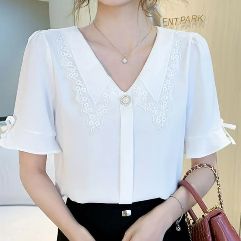 Elegant Lace Patchwork Shirt Tops Summer New Short Sleeve Button Solid All-match Office Blouse Fashion Casual Women Clothing