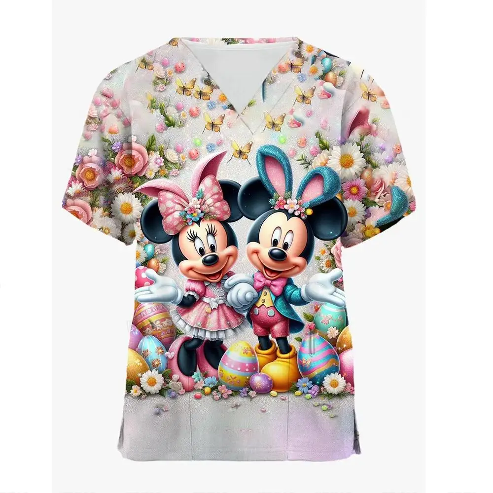 Disney Mickey Mouse Print Nurse Medical Uniforms V-neck Short Sleeve Pocket Workwear Top Scrubs Accessories Uniform