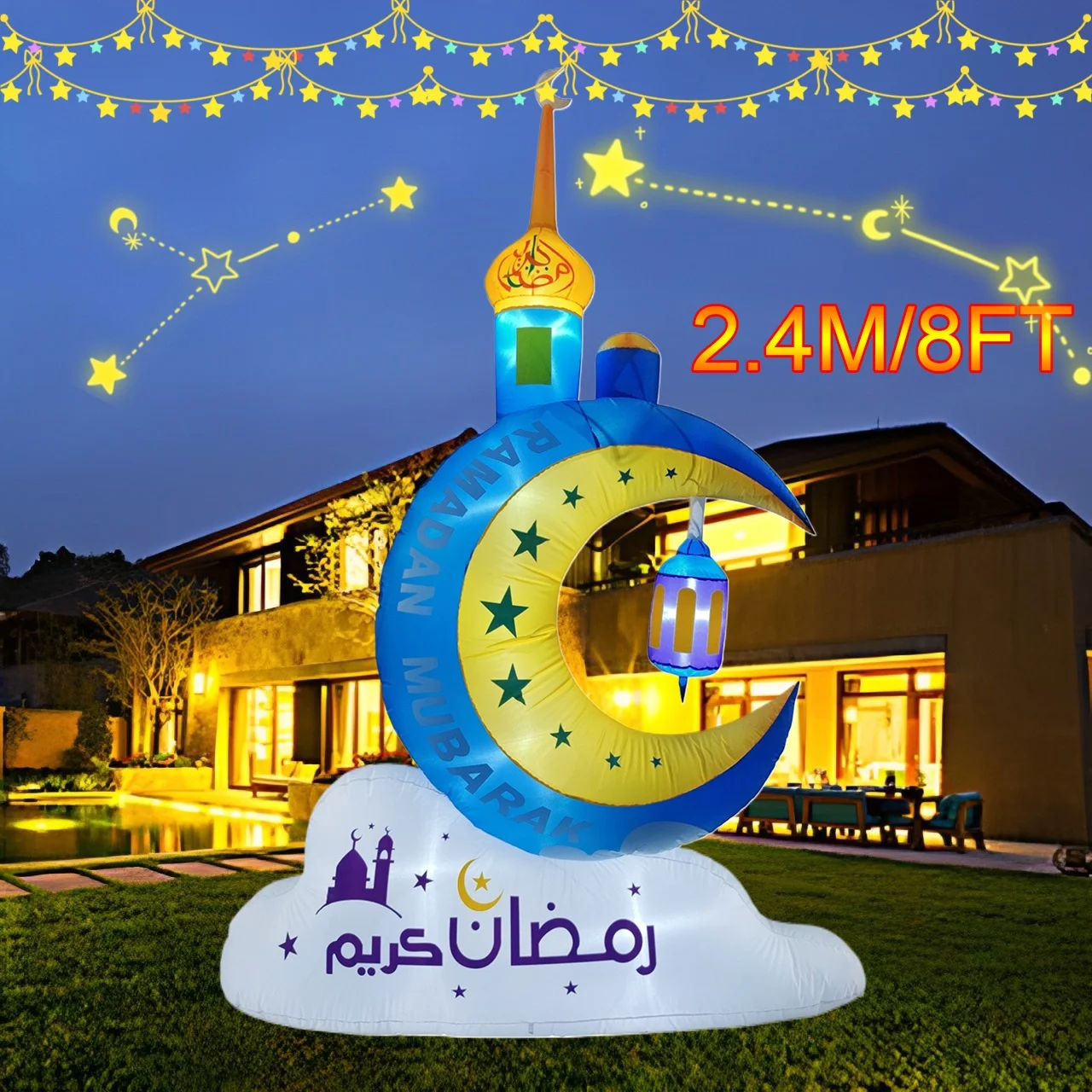 Ramadan 2.4M/8FT Inflatable Toys Muslim/Islamic Moon Lamp Model Built-in LED Light Eid Mubarak Decorations for Celebrate Fasting