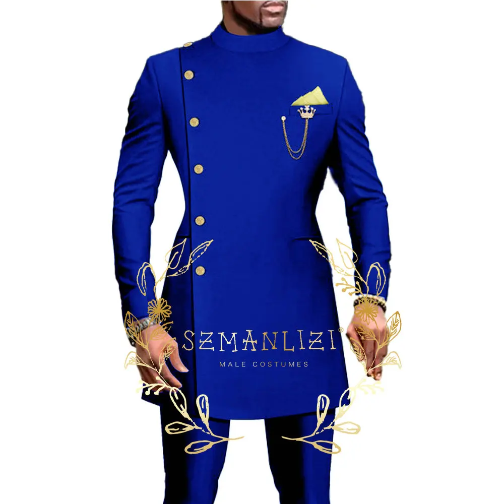 African Design Double Breasted Men Suits Stand Collar Black Wedding Tuxedos Groom Formal Wear Best Man Blazer Pants