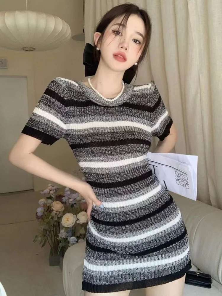 Retro Hong Kong Style Striped Pure Desire Short Sleeve Knitted Dress Women Summer Slimming Sexy  Skirt Polyester Fiber