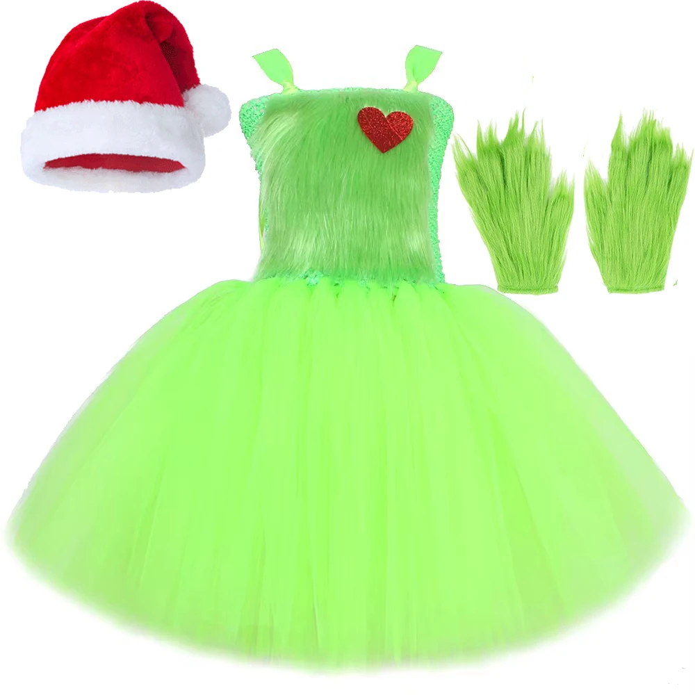 Green Monster Grinch Costumes for Girls Christmas Santa Claus Tutu Dress with Hat Plush Gloves Kids Xmas Carnival Party Outfits