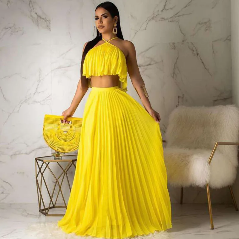 

Sexy 2 Piece Sets Women Clothing Summer Outfits Chiffon Halter Crop Top Pleated Maxi Dress Sets Vacation Beach Wear Matching Set