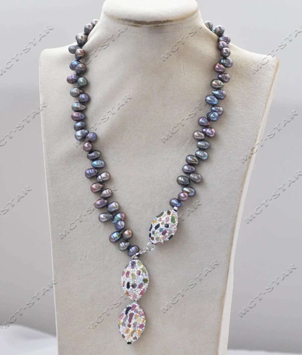 

Z13138 19'' 10mm Rice Peacock-Black Pearl Necklace Colorful All CZ Tourmaline Egg Pendant