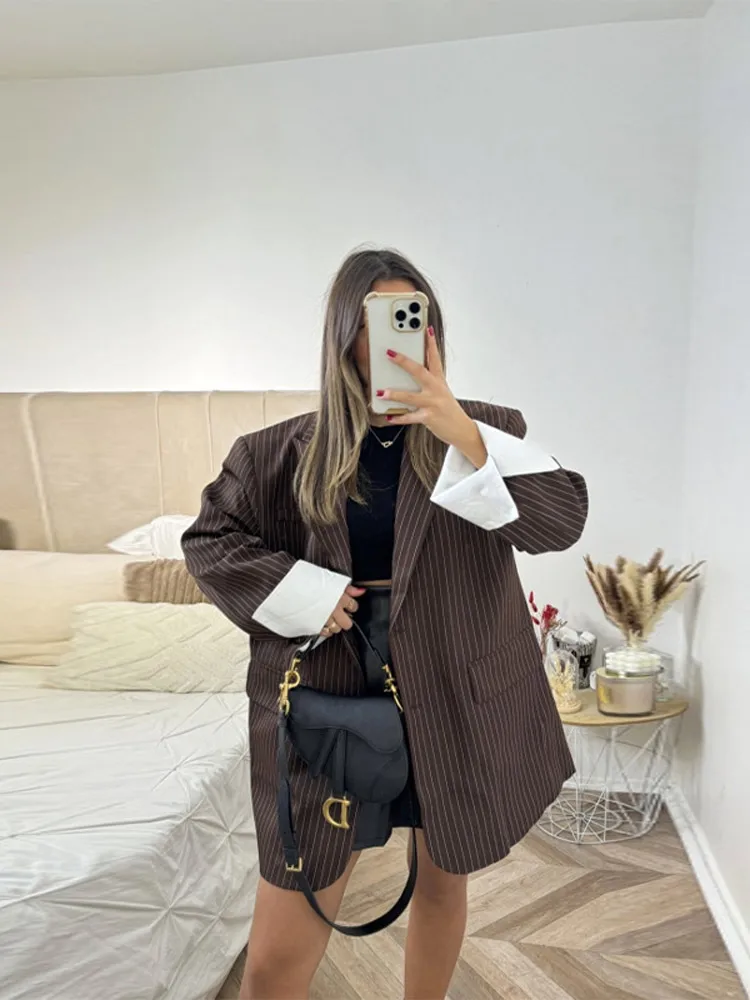 

Casual Stripe Loose Blazer Women Long Sleeve Contrast Lapel Single Breasted Jacket Female 2025 Autumn Fake Pocket Coat Lady