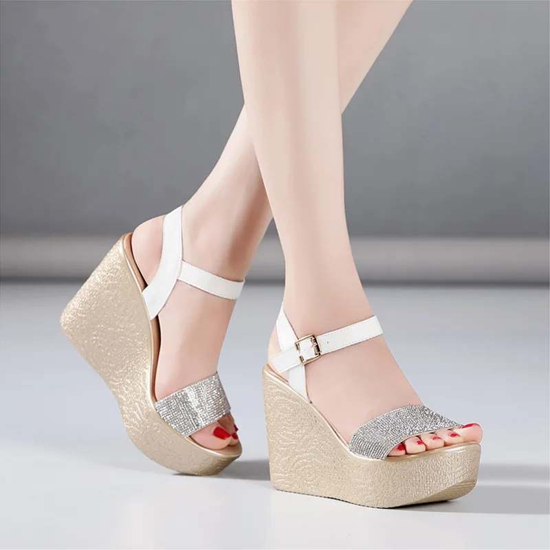 Elegant Rhinestones Women\'s Shoes Sandals Women Summer 2022 Peep Toe Wedges Platform Heels Luxury Woman Sandal Ladies Size 32-43