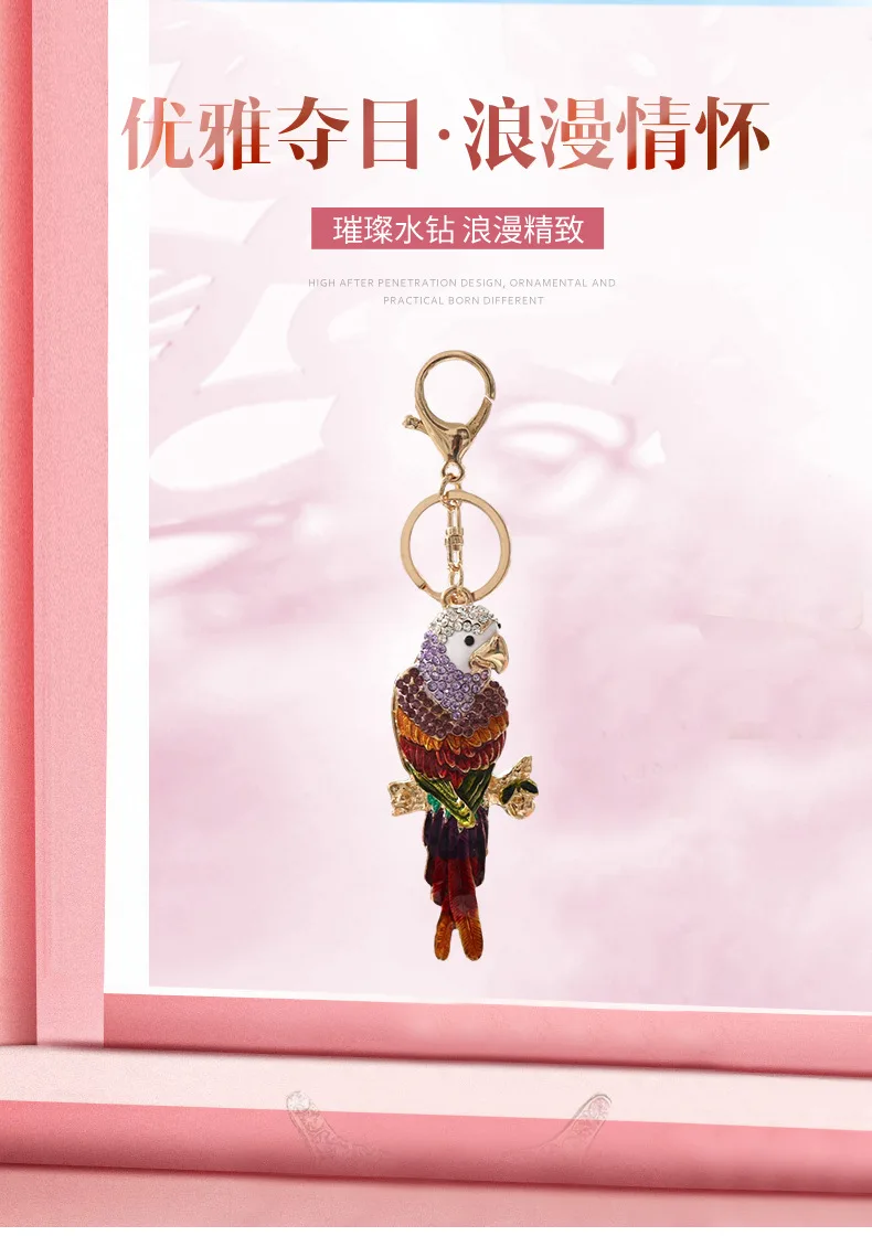 Fashion Rhinestone Crystal Colourful Parrot Keychain Cute Gold Color Animal Pendant Bag Car Key Chains Metal Keyring Accessories