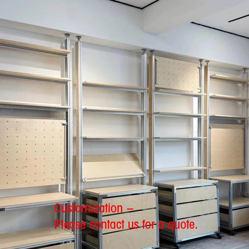 custom.Industrial Style Aluminum Profile Wood Shelving System LED Lighting Multi-Functional Adjustable Display Racks Dra