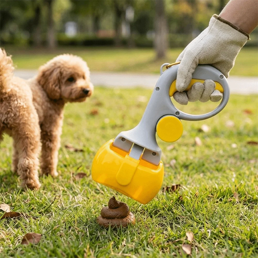 Polymer Dog Poop Picker Hand held Structure Yellow Dog Waste Collector Spring Operated Clamp Built in Poop Bag Storage