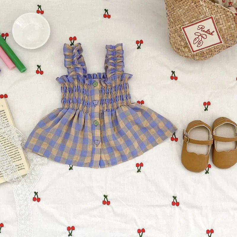 Sweet Baby Girl Clothing Set 0-3Years Newborn Kids Sleeveless Elastic Waist Plaid Tank Tops+Bloomers Shorts 2PCS Summer Outfits