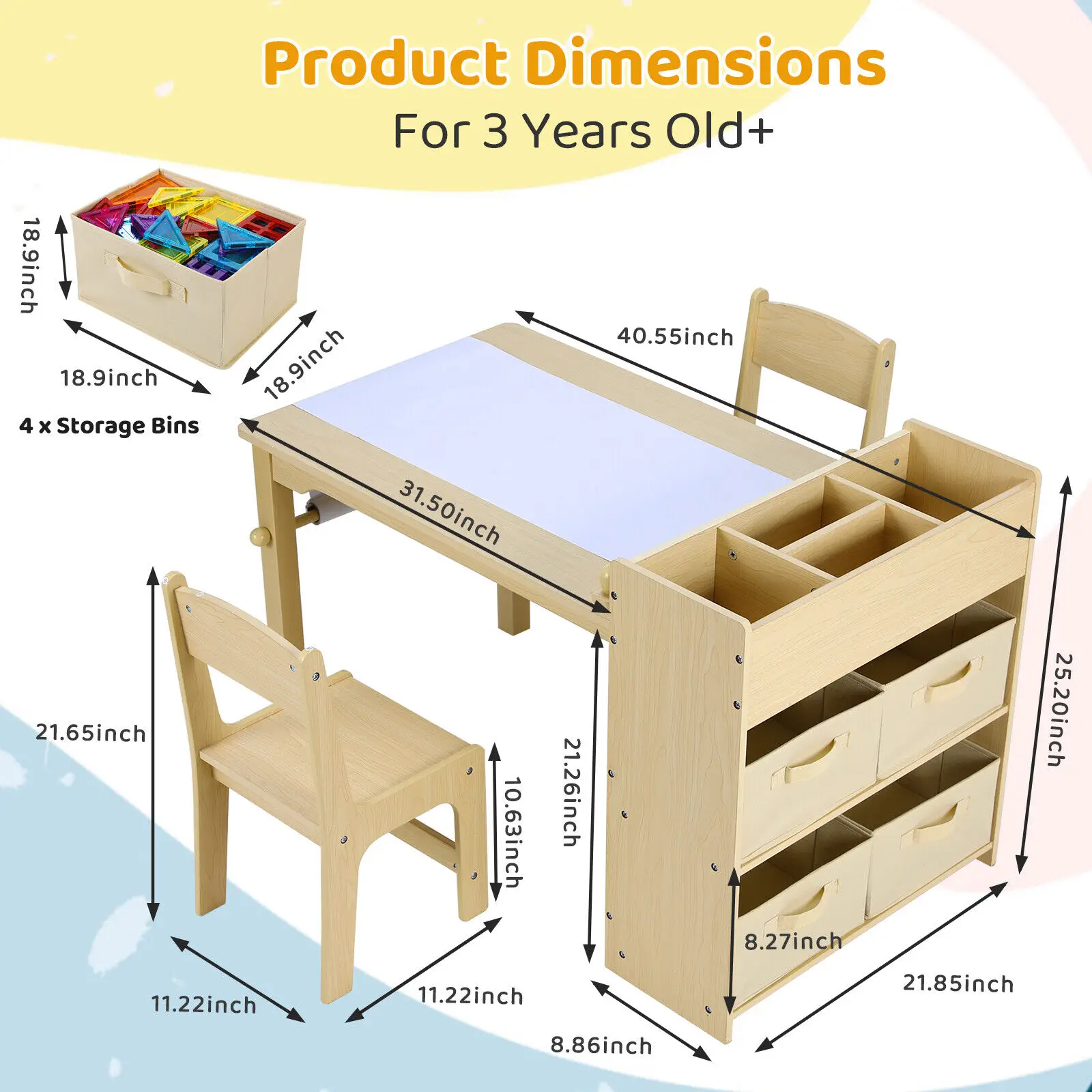 Kids Art Table and Chair Set with 2 Chairs Wooden Craft Table with Storage Shelves, Canvas Bins, Paper Roll, Kids Playroom Table