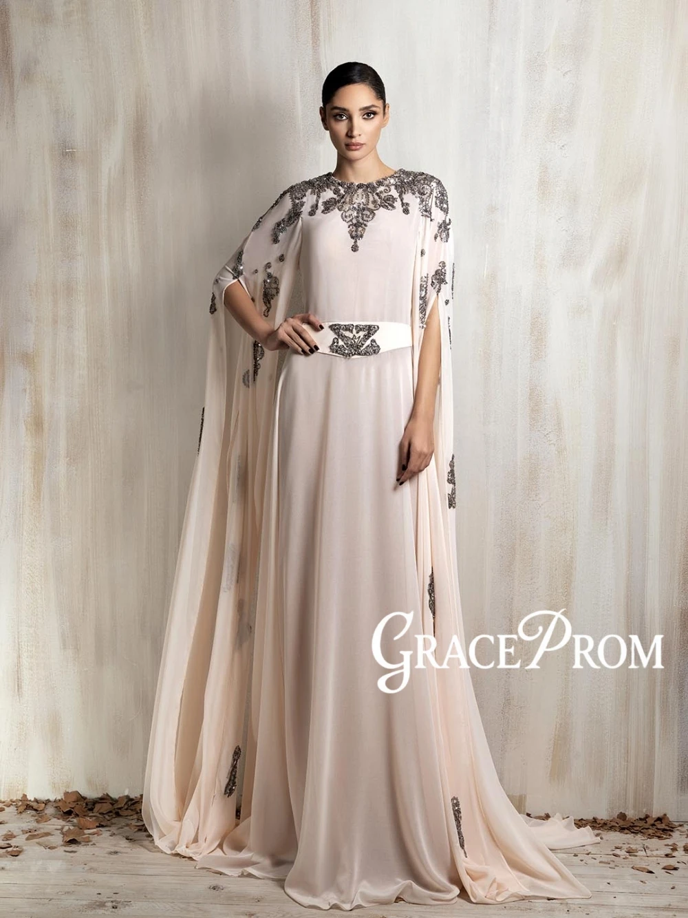 

2026 Elegant Embroidered Cape Evening Dress Dainty Appliques Plus Size A Line Prom Gown Muslim Abaya Ramadan Eid Women Wear