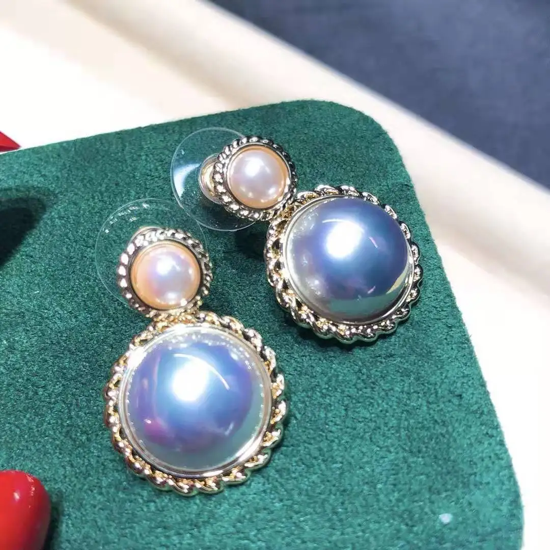 

925 silver gilded Pearl classic twist shape double bead shape starry blue imitation Mabei Earrings